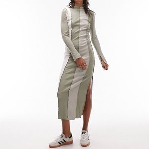 Topshop paneled striped jersey midi dress in green/beige